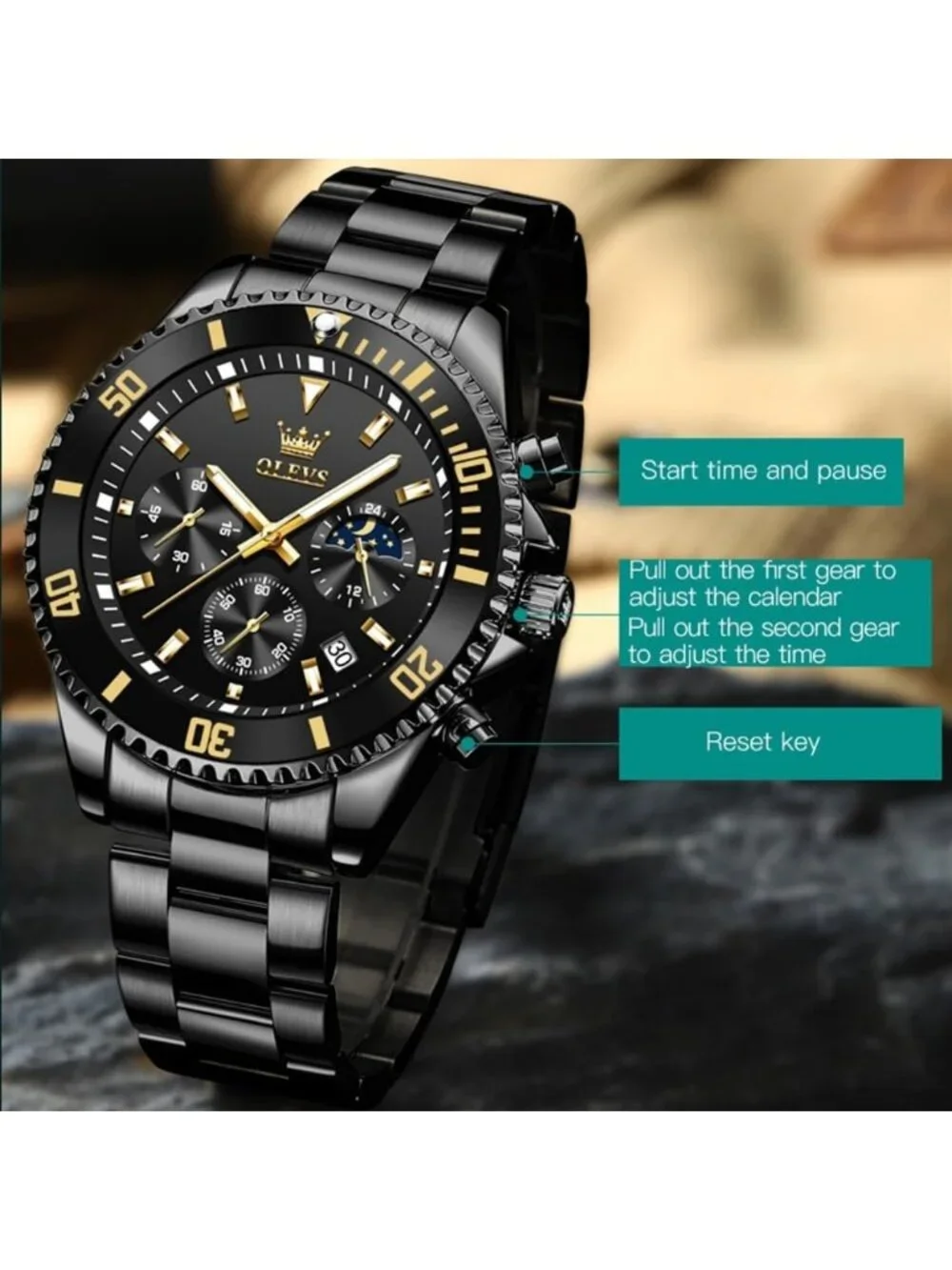 Men's All Black Premium Solid Stainless Analog Rotatable Bezel Round Steel Watch
